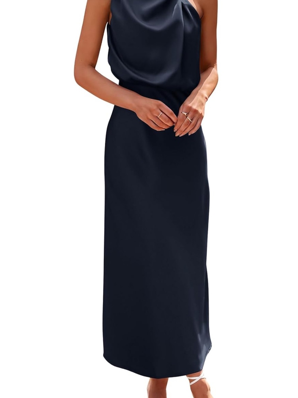 Amazon Women's Navy Blue Satin Cowl Neck Maxi Dress